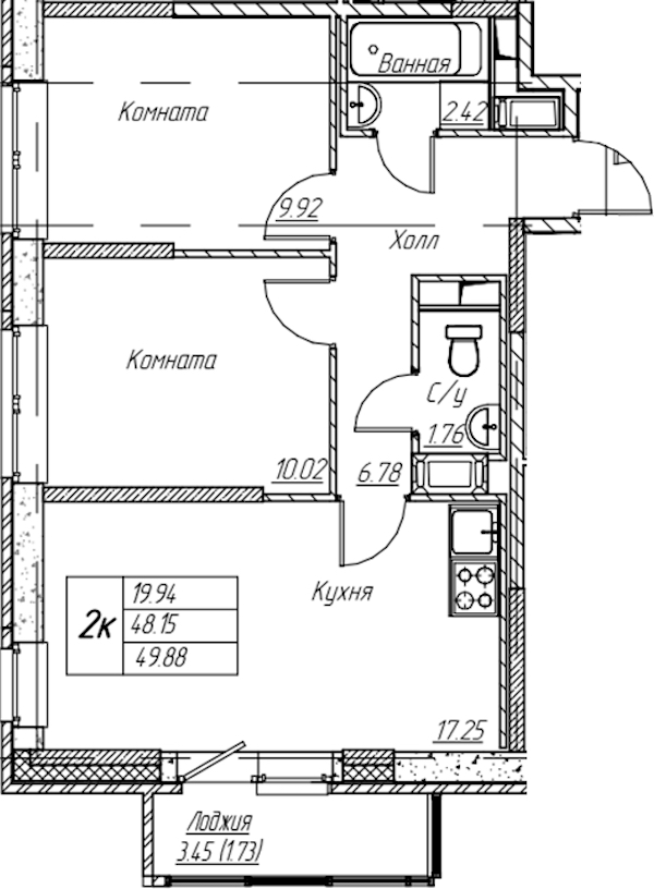 2-комнатная квартира 49.85 м², 3/22 эт., ЖК «Парк-квартал Юнтолово»